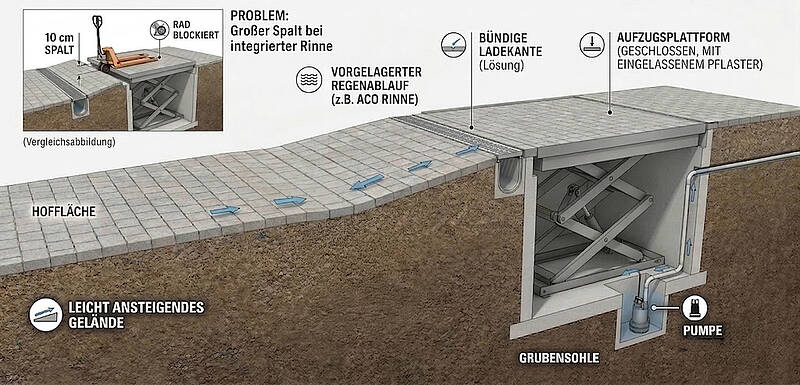 Anlaufendes Geländer mit Regenrinne